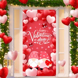Arosche Large Valentines Day Door Cover 6x2.9 Ft Happy Valentine's Day Banner Decorations Romantic Hearts Gnomes Hanging Background for Indoor Outdoor Valentines Day Home Door Banner Party Supplies