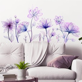 SMAOSTORE Flower Purple Flower Flower Flower Stylish Floral Large Blooming Plants Children's Room Entrance Hall Bedroom Kindergarten Living Room Bedroom Background Wall Sticker Waterproof Removable