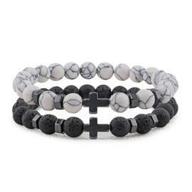 Flybar Religious Bracelet 8mm Black adjustable Beaded Cuff Charm Bracelets for son Husband Elegant Cross Bracelet, L (6.6"-7.5"), Stone, Agate