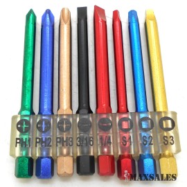 CALHAW New 8Pc 3" Color Coded Driver Bit Set Flat, Phillips & Square 1/4" Hex Shank