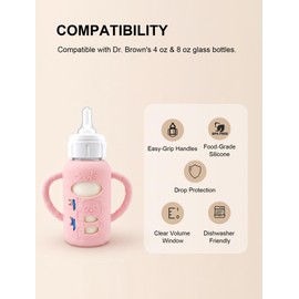 4-Pack Silicone Sleeves for Dr. Brown's Glass Baby Bottles, BPA-Free Drop-Resistant Baby Bottle Sleeves with Handles, Compatible with Dr Brown's Anti-Colic Narrow Glass Baby Bottles (4 & 8 oz)