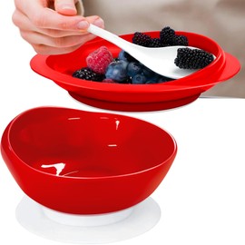 Spill Proof Scoop Plate and Bowl with Non-Skid Suction Base, Adaptive Self-Feeding Dinnerware for Elderly and Disabled(Red)