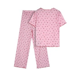 Remidoo Womens Cute Cherry Pajamas Causal Lettuce Trim Loungewear Matching Pjs Pink Medium