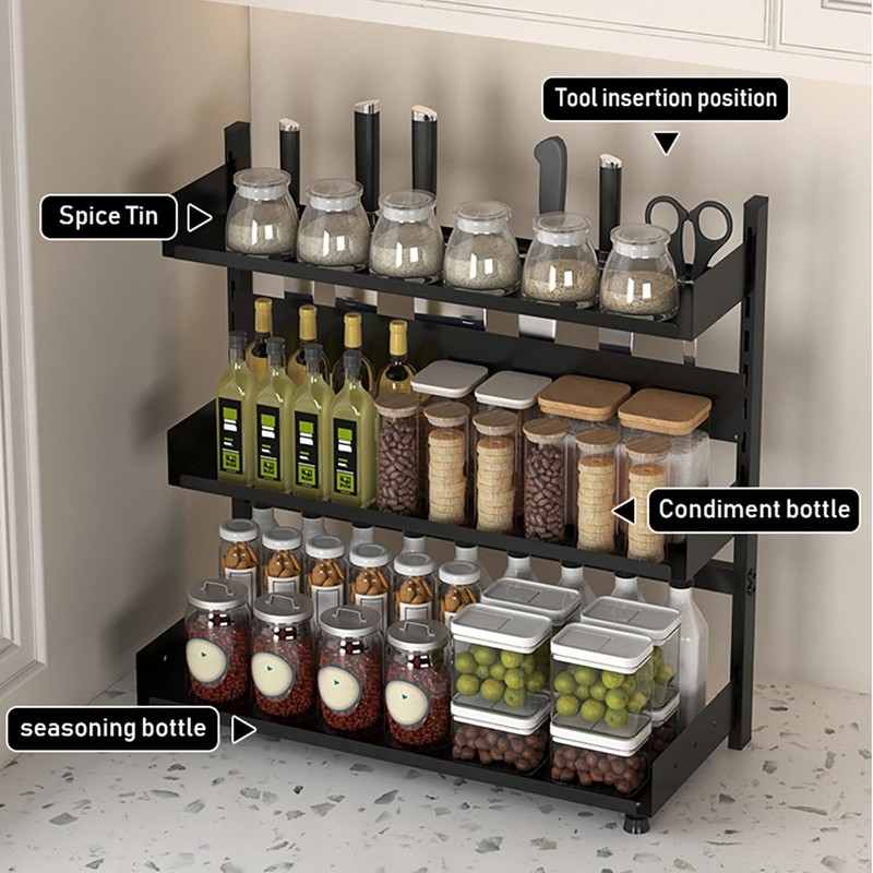 3-Tier Spice Rack Organizer with Knife Holder, Black Metal Counter