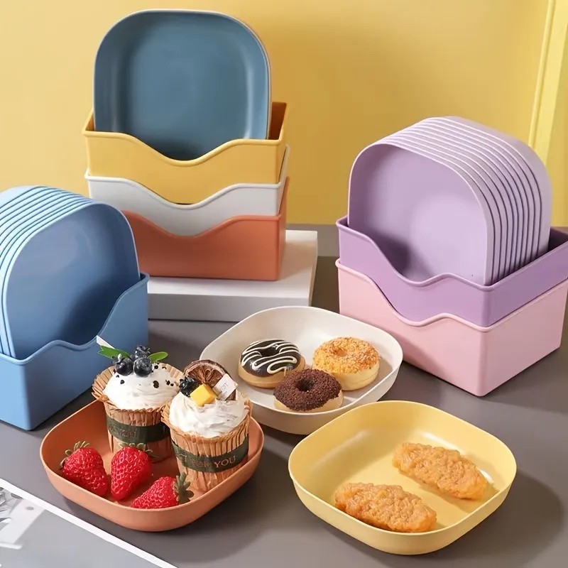 10 Platos Cuadrados Con 1 Soporte, Juego De Bandejas De