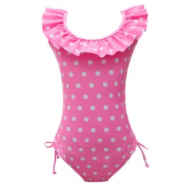 qyqkfly Girls One Piece Polka Dot or Flower Adjustable Bathing Suits with Ruffle Around（Pink dot 10-12 Years