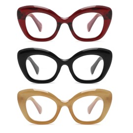 HoouMoou Oversized Cat Eye Reading Glasses for Women, Fashion 3 Pack Computer Blue Light Blocking Glasses Black Retro Style