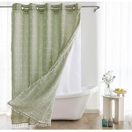 Sage Green Farmhouse Shower Curtain with Snap-in Liner, No Hooks Needed,with Magnets,with Tassels,Water Repellent&Machine Washable,71x74Inch - Color: Grey-Window-74L*71W