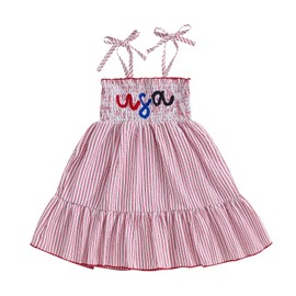 Toddler Girl 4th of July Outfit Little Girls USA Stripes Ruffle Halter Fourth of July Dress Kids Memorial Clothing (Red, 3-4 Years)