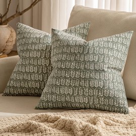 MIULEE Set of 2 Neutral Boho Farmhouse Throw Pillow Covers 20x20 Inch Laurel Green Vintage Accent Floral Cotton Linen Pillowcases for Couch Bed Living Home Decor