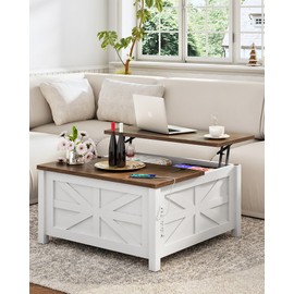 CHOEZON 31.5" Lift Top Coffee Table, Farmhouse Coffee Table with Charging Station and Storage, 2 AC Outlets and 2 USB Ports, White and Walnut MKF02UWA