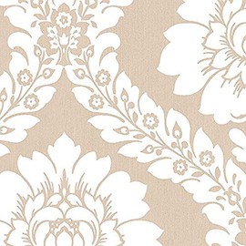 Manhattan comfort NWSH34517 Manchester Series Vinyl Floral Damask Design Large Wallpaper Roll, 20.5" W x 32.7'L, Beige/White