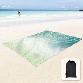 Sunlit Silky Soft 85"x72" Boho Sand Proof Beach Blanket Sand Proof Mat with Corner Pockets and Mesh Bag for Beach Party, Travel, Camping and Outdoor Music Festival, Tiffany Green Mandala