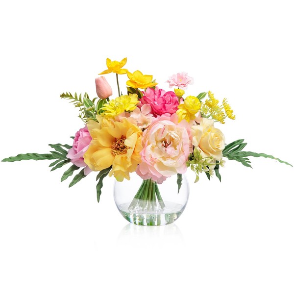 Artificial Flowers Centerpieces in Glass Vase with Fake Water, Silk