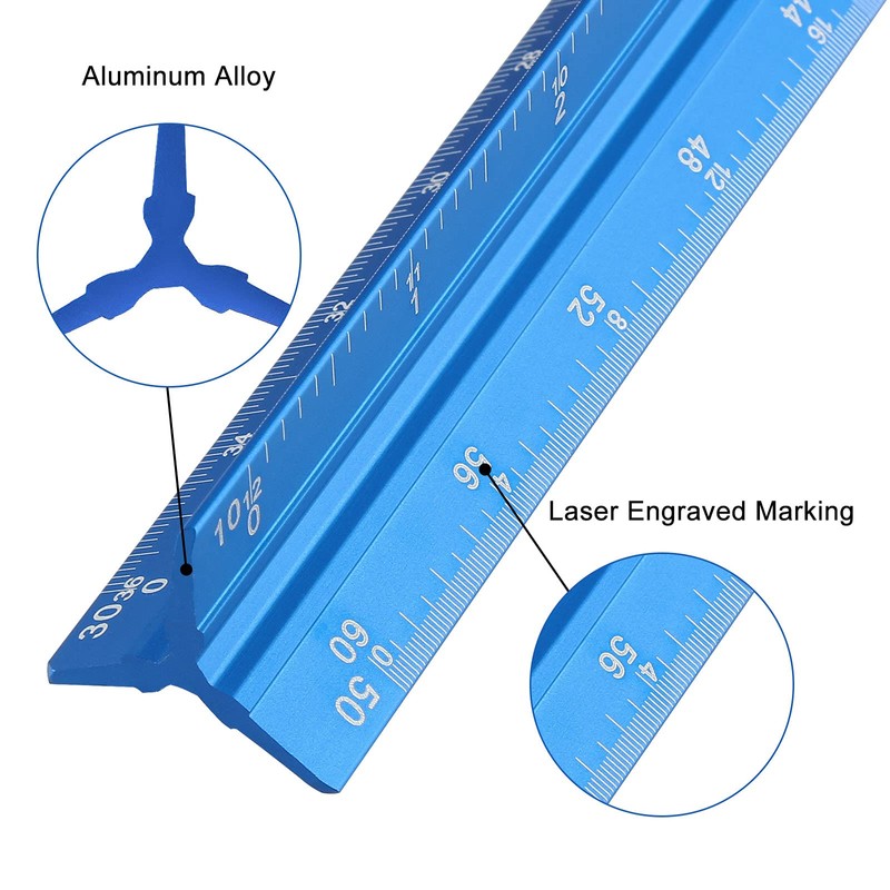 Kyuionty Engineer Scale Ruler 12 Inch, Aluminum Laser-Etched Triangular Drafting