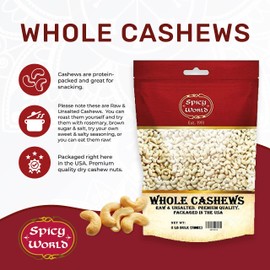 Spicy World Raw Cashews Whole 5 Pound Bulk - Unsalted, Natural & Pure, No Chemicals