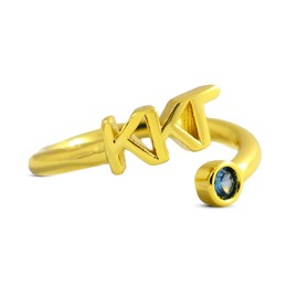 Sorority Shop Kappa Kappa Gamma Ring- 18k Gold-Plated Wraparound Ring with Sapphire Blue Gemstone and Kappa Kappa Gamma Greek Letters, Sorority Jewelry Gift