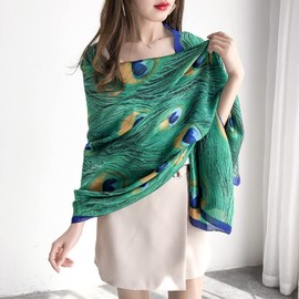 Women Silk Scarf Long Large Peacock Feather Print Wrap Shawl Scarves Headscarf
