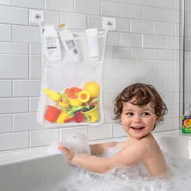 Bath Toy Storage, Bath Toy Net Mold Bath Toy Storage Net Mesh Bathroom Toy Storage Bath Net Toy Storage with Multiple Pockets and Strong Hook Bath Toy Holder (White)