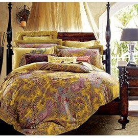 Eikei Vintage Botanical Flower Print Bedding 400tc Cotton Sateen Romantic Floral Scarf Duvet Cover 3pc Set Colorful Antique Drawing of Summer Lilies Daisy Blossoms (Queen, Mustard)
