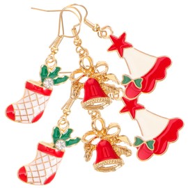 Beavorty 3 Pairs Cute Christmas Earrings for Women Drop Dangle Earrings Featuring Xmas Tree Santa Hat and Red Bell Lightweight Versatile Holiday Accessories for Festive Outfits