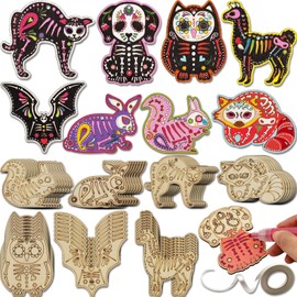 56 Sets Halloween Sugar Skull Crafts Day of Dead Animal Skeleton Unfinished Wooden Ornament DIY Painting Make Your Own Dia De Los Muertos Decorations Mexican Fiesta Blank Cutout Hanging Slices