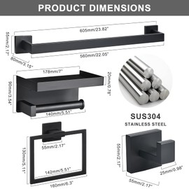 Warepro 5 Pieces Bathroom Hardware Set, Matte Black Bathroom Accessories Stainless Steel Wall Mount, Includes 23" Hand Towel Holder, Toilet Paper Holder, Towel Ring, 2 Robe Towel Hooks