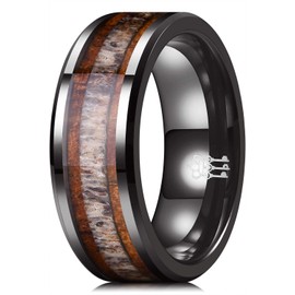 THREE KEYS JEWELRY Mens 8mm Ceramic Wedding Engagement Polished Carbide Ring with KOA Wood & Antler Inlay for Men Cool Black Vintage Engraved Size 9