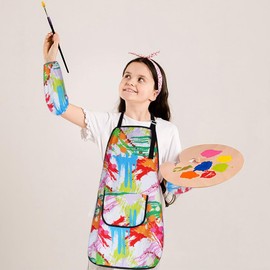 HIQUACC Kids Art Apron Set with 2 Detachable Sleeves Waterproof Graffiti Painting Crafting Apron for Children (Stripe-L)