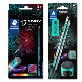 STAEDTLER Norix 186 Colouring Pencils and 181 Pencil Set, Made from Upcycled Wood, Unique Shape, 12 Colouring Pencils in Assorted Colours, 2 HB Pencils, Eraser and Single Sharpener Box, Green