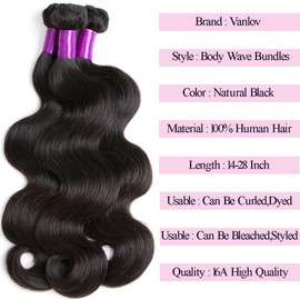 Vanlov Body Wave Bundles 14 16 18 Inch Brazilian Remy Hair 3 Bundles 100% Unprocessed Human Hair Bundles Body Wave Bundles Natural Black for Women