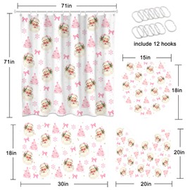 Pink Santa Claus Shower Curtain Set Christmas Tree Bow Snowflake Shower Curtain Set for Christmas Bathroom Decor Accessory with Non-Slip Washable Bath Rugs, Toilet Lid Cover