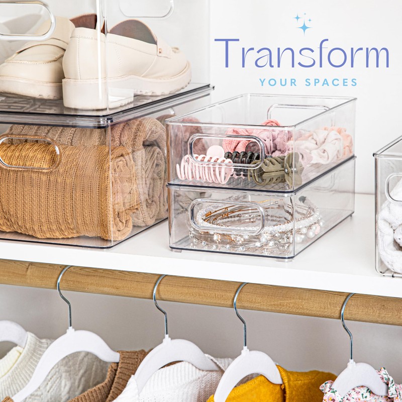 primebox Clear Plastic Organizing Container with Integraged Handles for Home
