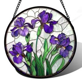 JOSUMALY Stained Glass Window Hanging - Purple Iris Flower Sun Catcher for Door Terrace Garden Home Decor, Green Plants Suncatcher Birthday Gifts for Lovers Women Men Dad Mom Nana 9.8 in
