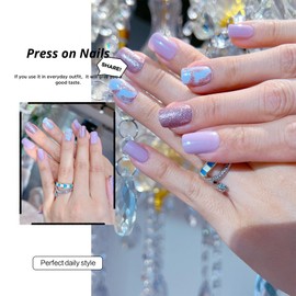 Purple Press on Nails Square Short Fake Nails Silver Flash Full Cover Artificial False Nails Reusable Glue on Nails for the Daily Dance Gel Nail Strips Acrylic Nails 24 Pcs Stick on Nails for Women