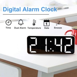 Justmetr Digital Alarm Clock, LED Clock for Bedroom, Dual Alarm Clock Bedside Clock, Adjust Brightness &Snooze Time, 12/24Hr, Temperature and Date for Bedroom White