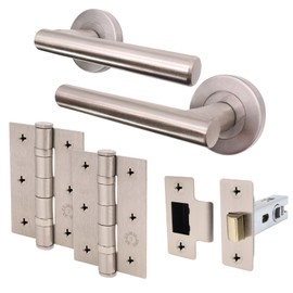 EAI Door Handle Latch Set Satin Nickel | Round T-Bar Internal Door Handles, Latch (64mm), Hinges (76mm)| Satin Lever on Rose | Oliena Range