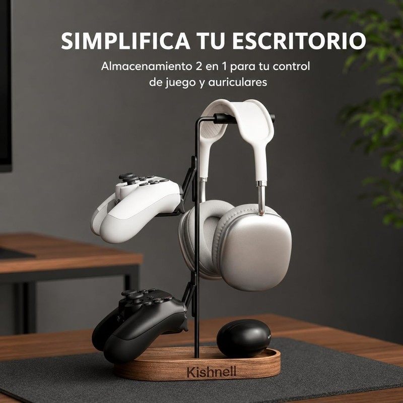 Soporte Gamer de Madera Nogal Universal para Audífonos y 2