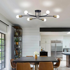 FRIXCHUR Modern Semi Flush Mount Ceiling Light Fixture 6-Lights Sputnik Chandelier Light Black and Gold Close to Ceiling Light Fixture for Living Room Bedroom Kitchen