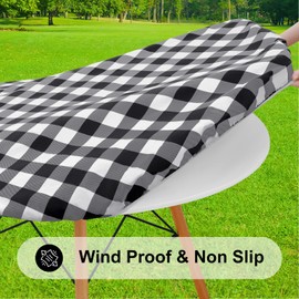 smiry Round Picnic Table Cloth, Elastic Waterproof Fitted Vinyl Tablecloth for 57"-68" Tables, Flannel Backed Buffalo Plaid Table Covers for Dining, Camping, Outdoor, Black and White