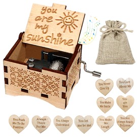 DALAETUS 12 Pcs You are My Sunshine Hand Crank Music Box Set, 10 Reasons Why I Love You Wooden Hearts with Fabric Gift Bag, Gift for Valentine's Day, Girlfriend Boyfriend Wife