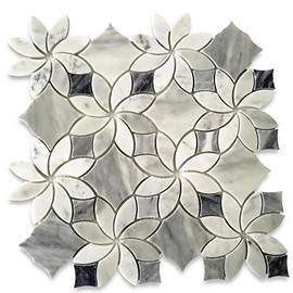 Stone Center Online Carrara White Marble Ice Flower Blossom Waterjet Mosaic Tile w/Bardiglio Gray Polished for Kitchen Backsplash Bathroom Flooring Shower Surround Dining Room (1 Sheet)