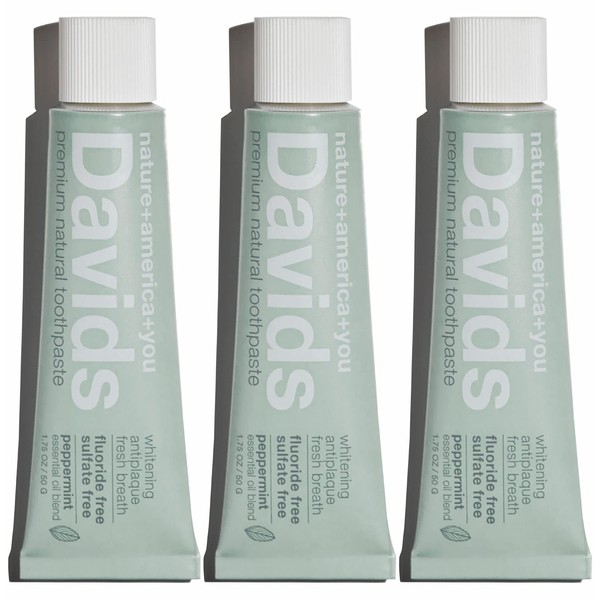 Davids Natural Toothpaste for Teeth Whitening, Peppermint, Antiplaque, Fluoride Free, SLS Free, EWG Verified, Recyclable Metal Tube, 1.75 OZ, TSA Approved Travel Size (3 Pack)