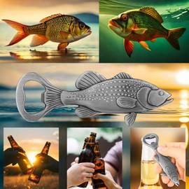 LKKCHER Bass Beer Bottle Opener, Fishing Gifts for Fisherman, Bass Fish Decoration, Birthday Fathers Day Christmas Gifts for Men Women Dad Fisherman, Silver Beer Accessories with Gift Box