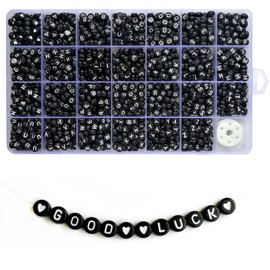 Looconi 1400 Pieces 4×7mm White On Black Round Acrylic Alphabet Letter Beads A-Z and Heart for Jewelry Making