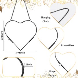 Cinnvoice 4 Pcs Heart Glass Pressed Flower Frame, Heart Hanging Floating Frames Double Pressed Dried Flower Plants Vintage Glass Gallery Wall Decor for Valentines Gift(4 x 4 Inch,Black)