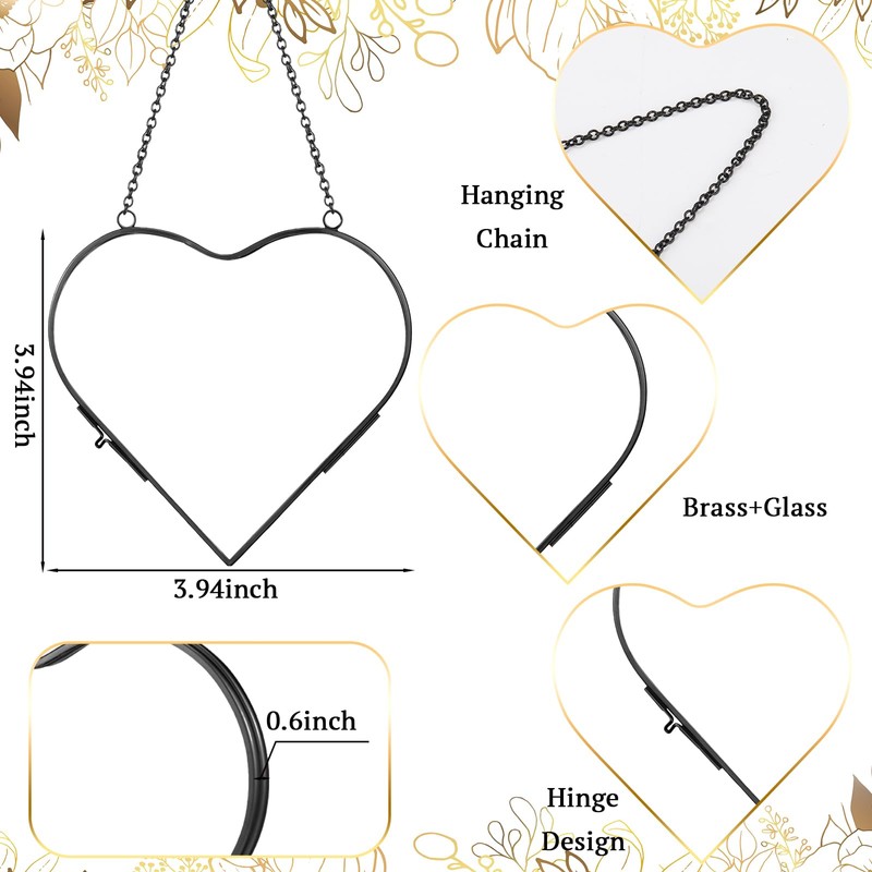 Cinnvoice 4 Pcs Heart Glass Pressed Flower Frame, Heart Hanging
