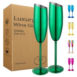 UNISWEET Champagne Flutes Set of 2,Stainless Steel Champagne Glasses For Wedding & Birthday Party,7oz Unbreakable Slanted-Mouth Champagne Glass With Long Stem