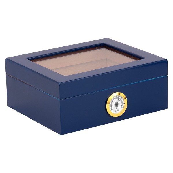 Quality Importers Desktop Humidor, Capri, with Tempered Glasstop, Cedar Divider, and Brass Ring Glass Hygrometer, Holds 25 to 50 Cigars, Blue