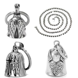 Pack of 3 Guardian Bell Motorcycle Bells, Stainless Steel Bicycle Bell with Chain, Motorcycle Bell for Biker, Husband, Lucky Charm (Silver), silver